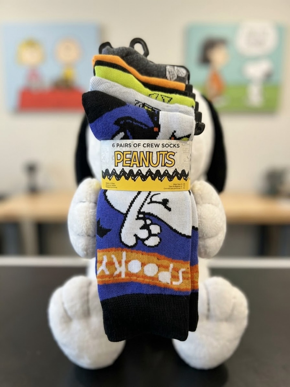 Peanuts 6-Pack Men's Crew Socks - Blue, Black, Gray, Orange, Lime